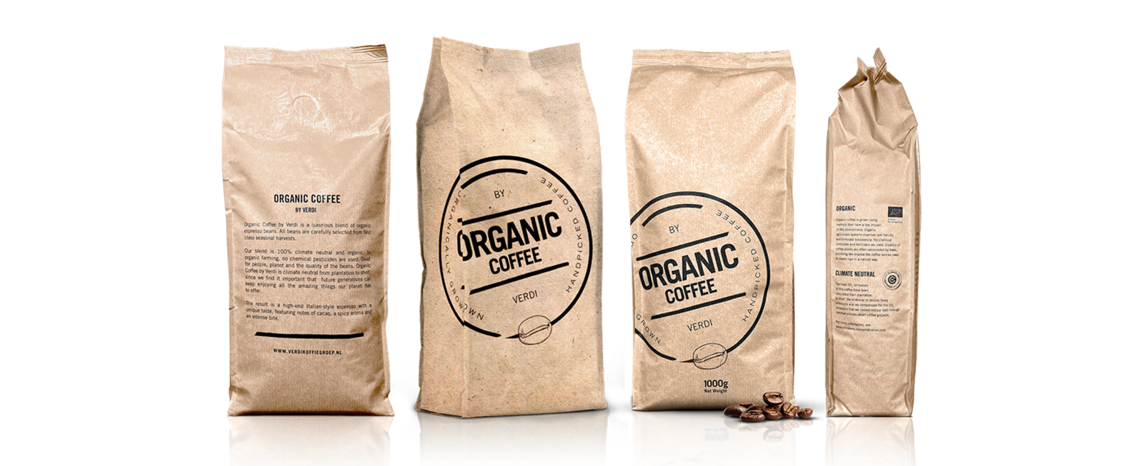 Luxe biologische koffiebonen van Organic Coffee, handgeplukt en ambachtelijk gebrand voor een pure en verfijnde koffiesmaak. Klimaatneutraal en duurzaam.